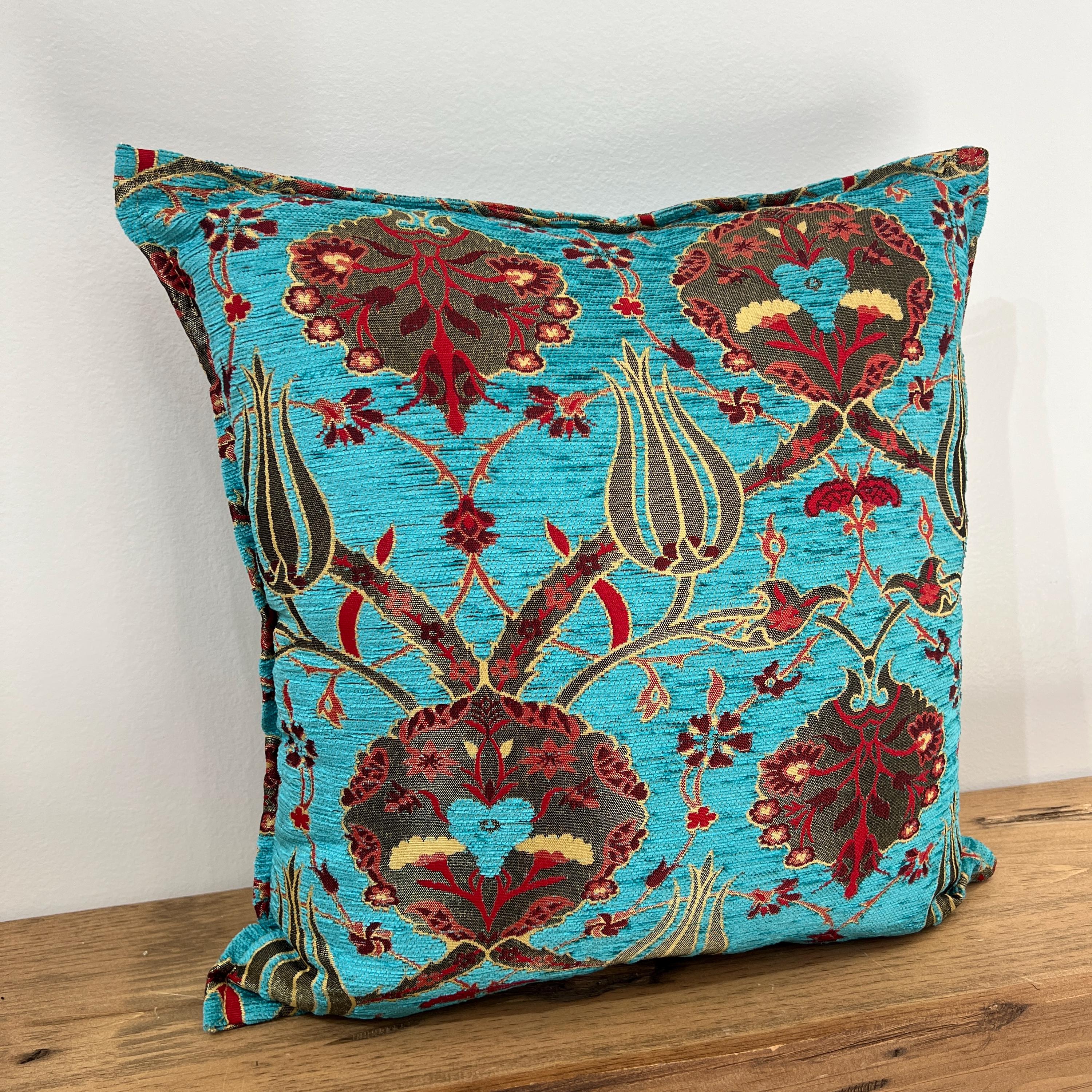 Turquoise Turkish Pillow Cover, Blue Chenille Cushion Cover, Woven New Ottoman Tulip