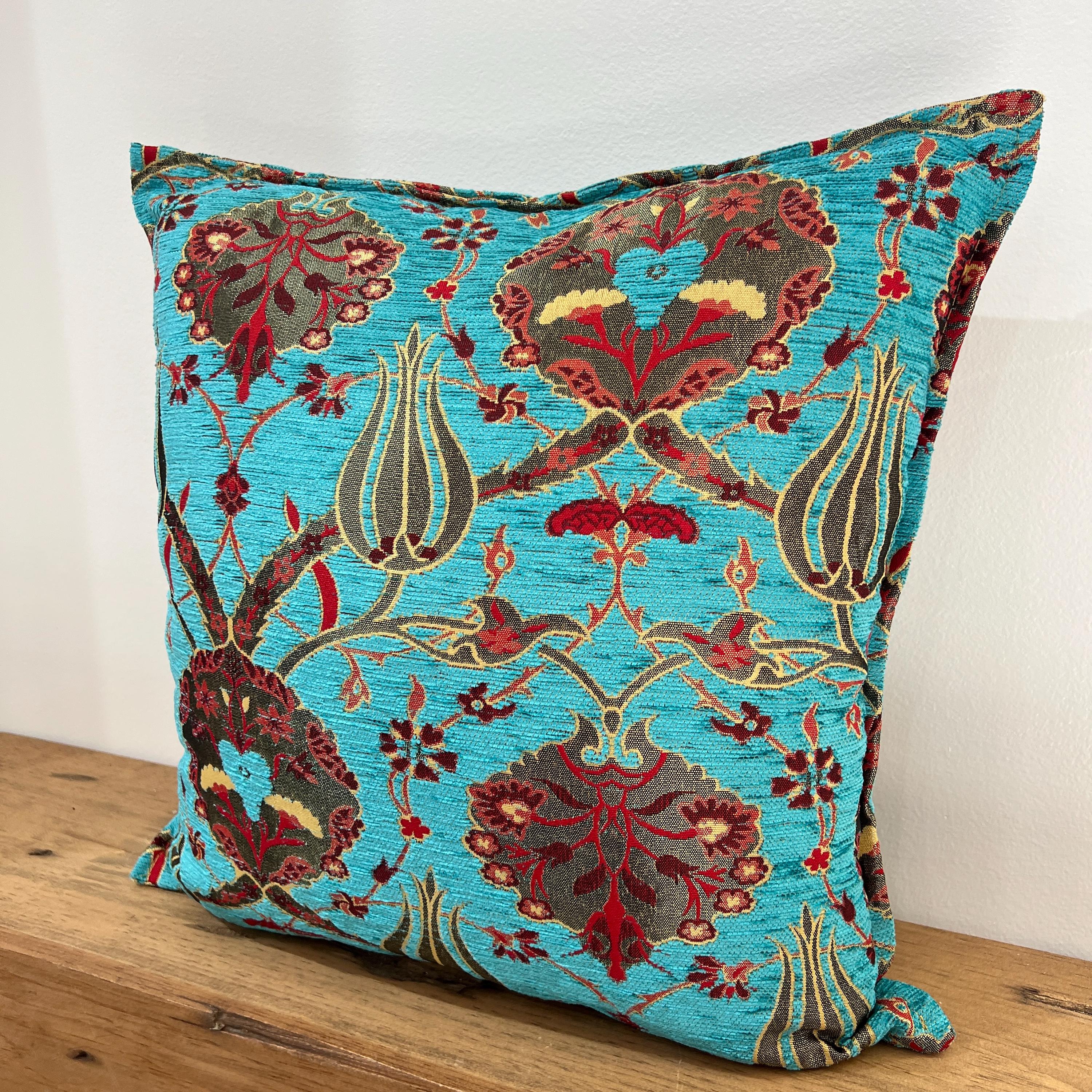 Turquoise Turkish Pillow Cover, Blue Chenille Cushion Cover, Woven New Ottoman Tulip