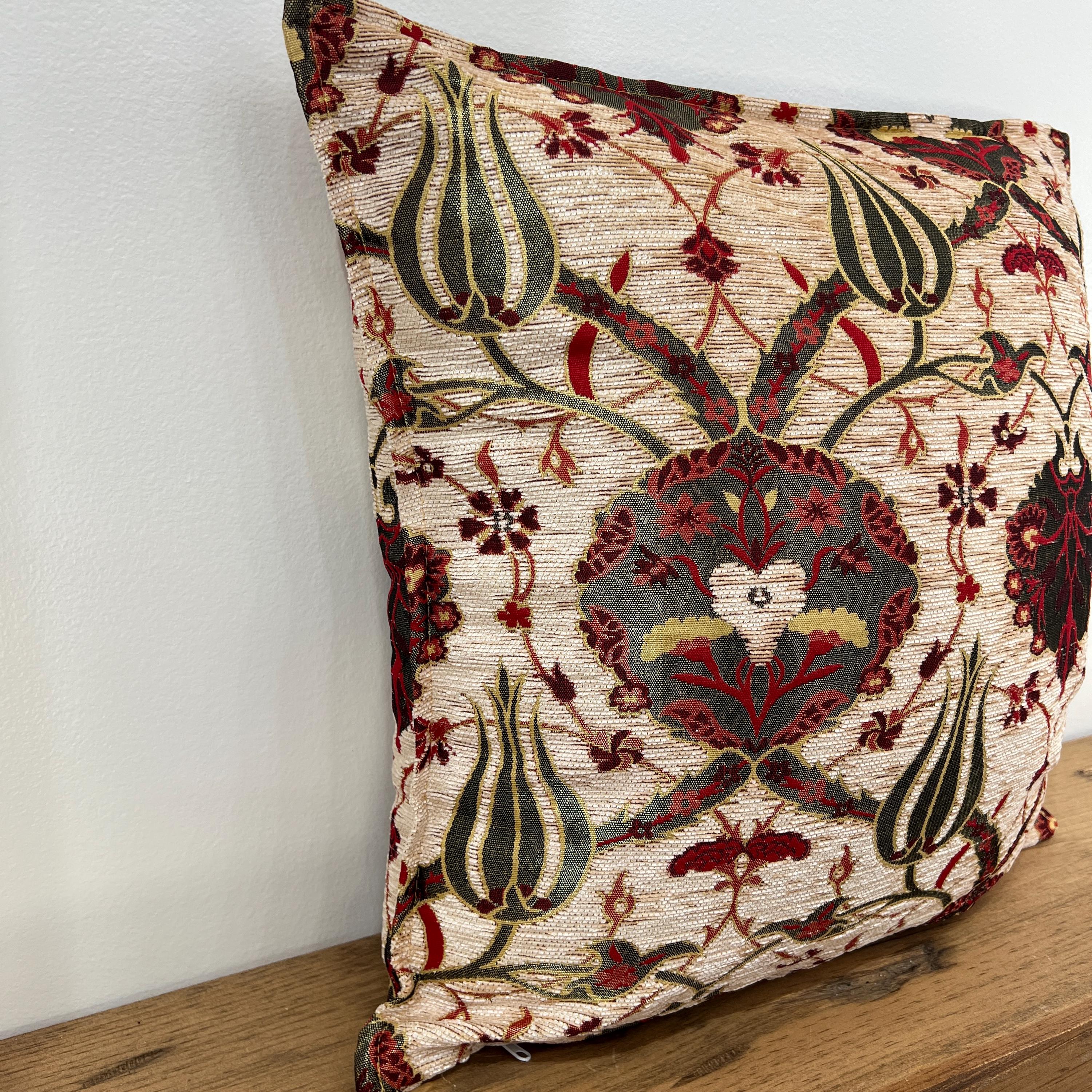 Turkish Pillow Cover  Beige Chenille Cushion, Woven New Ottoman Tulip Design  Decorative Throw Pillowcase