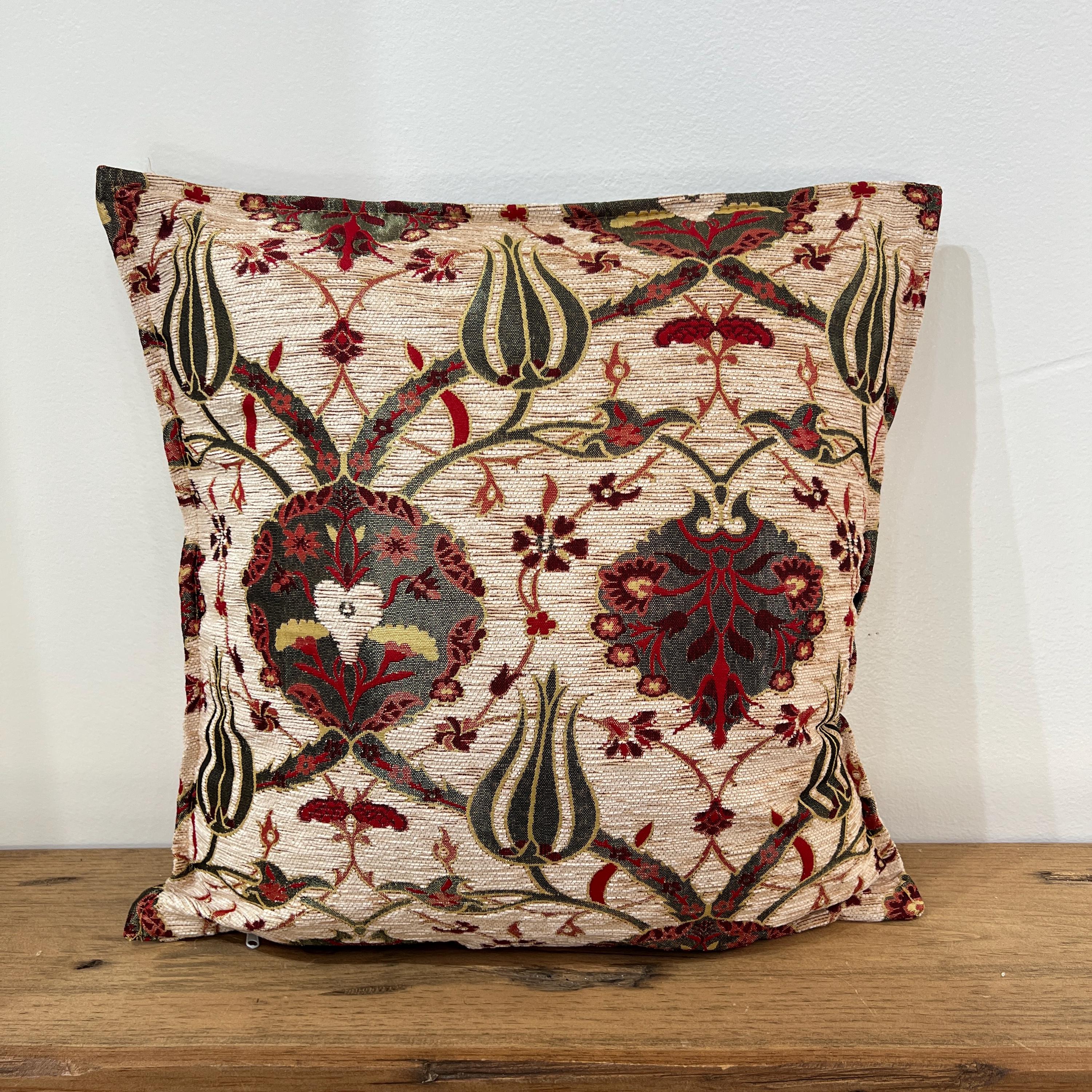 Turkish Pillow Cover  Beige Chenille Cushion, Woven New Ottoman Tulip Design  Decorative Throw Pillowcase