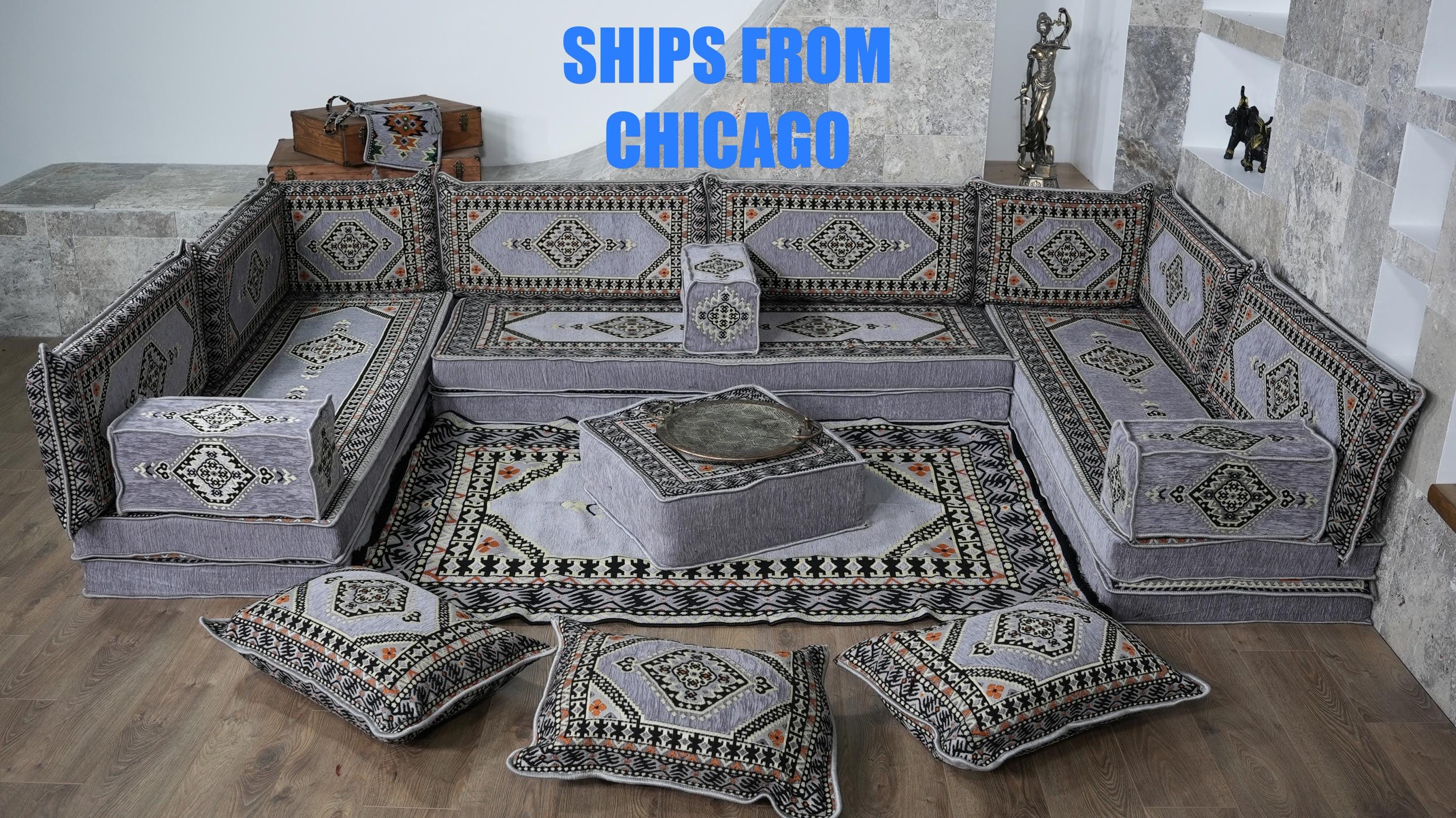 Gray U-Shaped Sofa Set, Turkish Palace Floor Seating Sectional Modular Couch Set