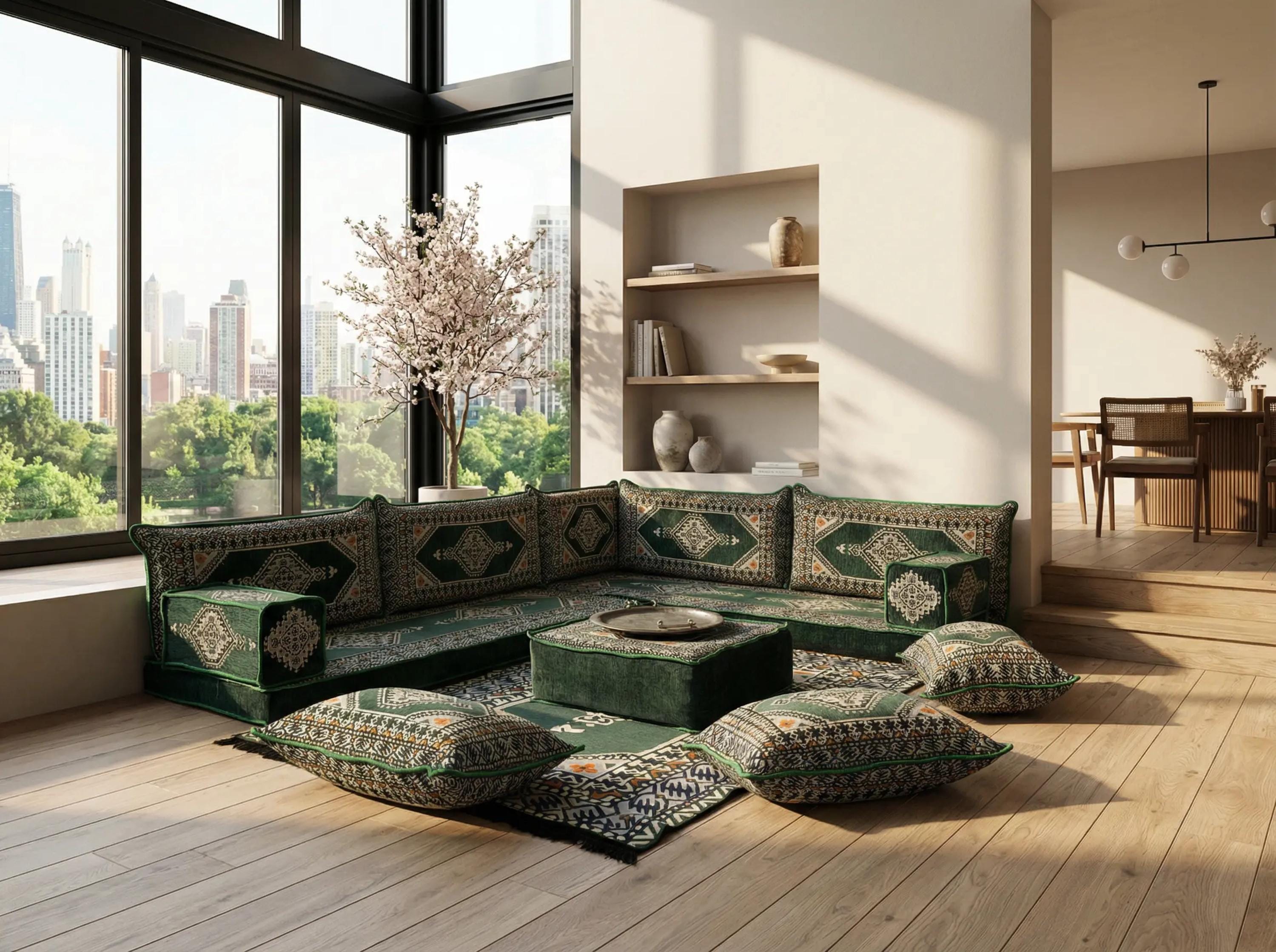 Green L-Shaped Sofa Set, Turkish Palace Floor Seating Sectional Modular Couch Set