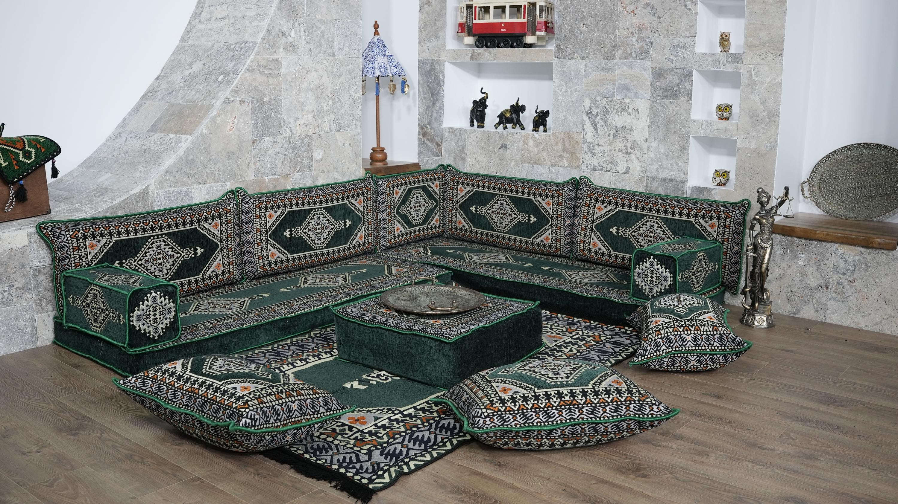 Green L-Shaped Sofa Set, Turkish Palace Floor Seating Sectional Modular Couch Set