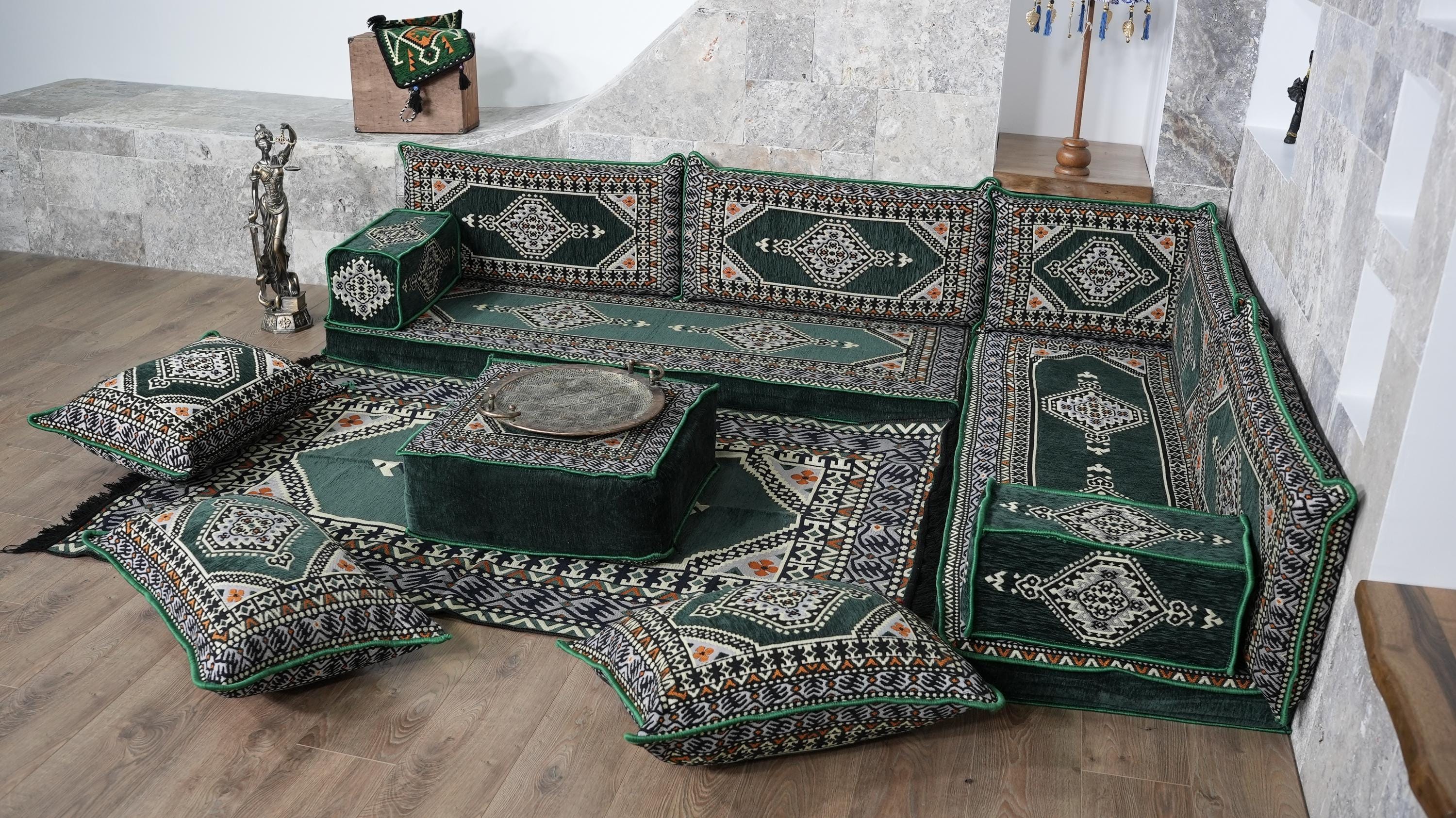 Green L-Shaped Sofa Set, Turkish Palace Floor Seating Sectional Modular Couch Set
