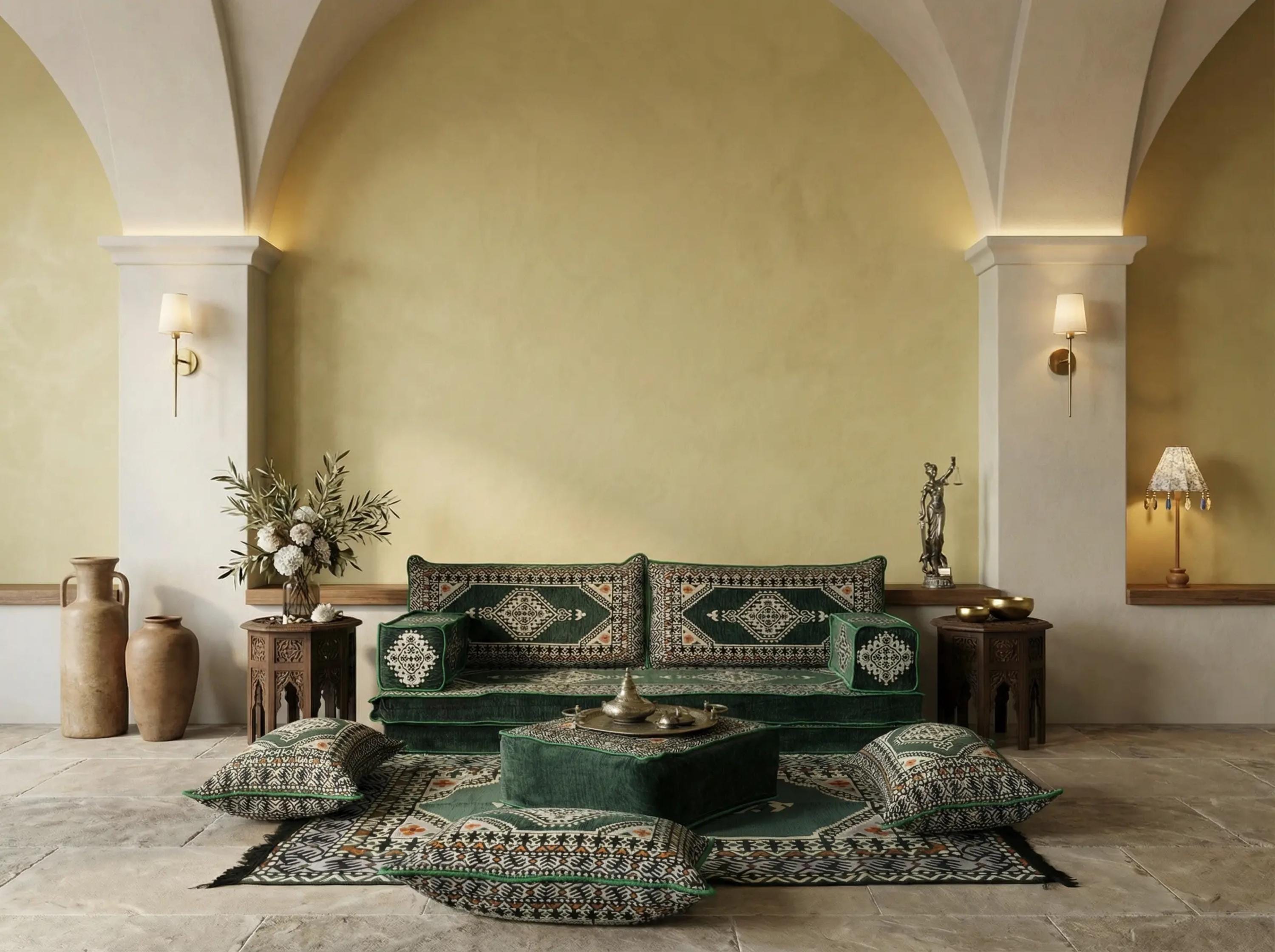 Green Loveseat Sofa Set, Turkish Palace Floor Seating Sectional Modular Couch Set
