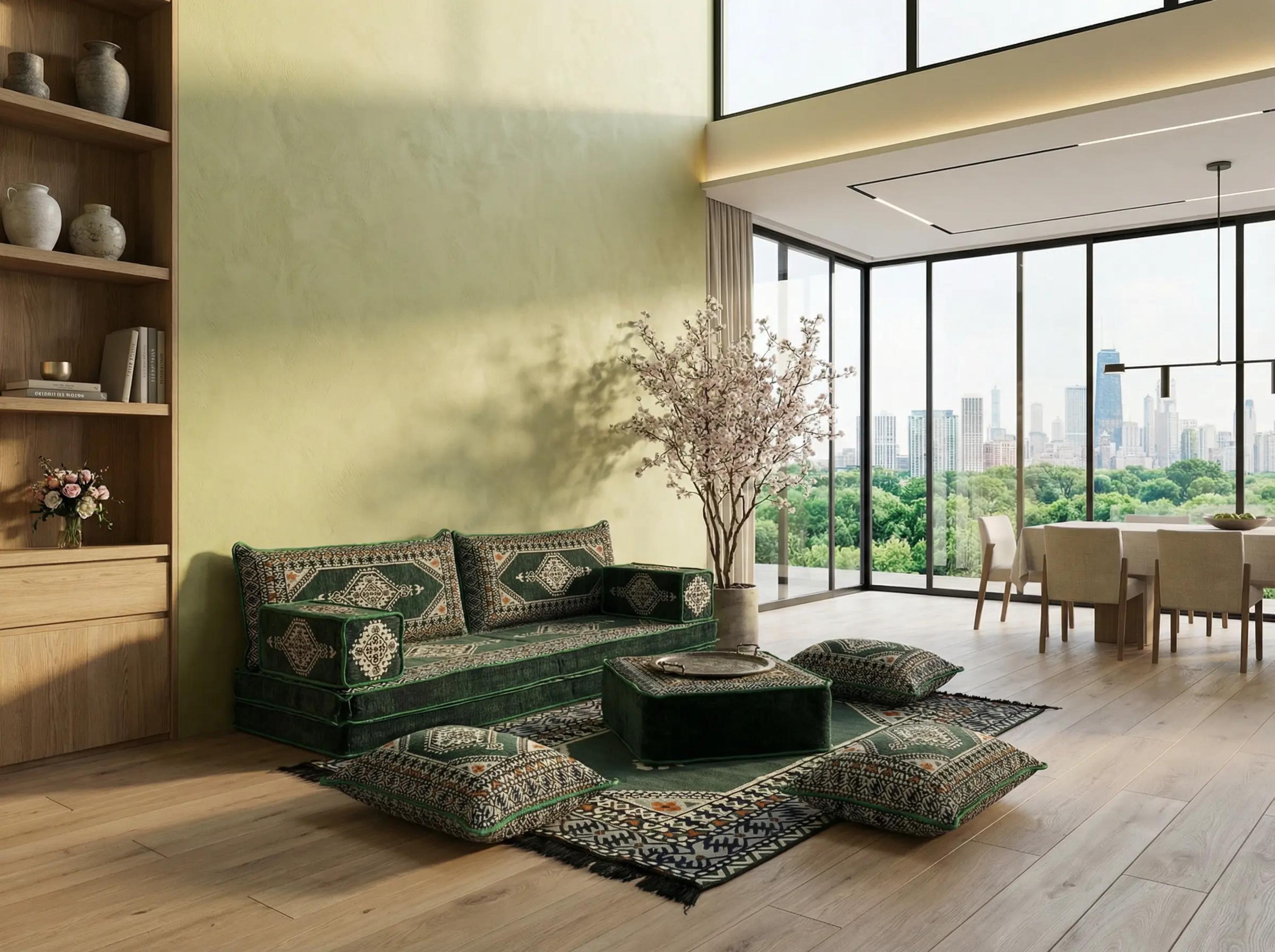 Green Loveseat Sofa Set, Turkish Palace Floor Seating Sectional Modular Couch Set