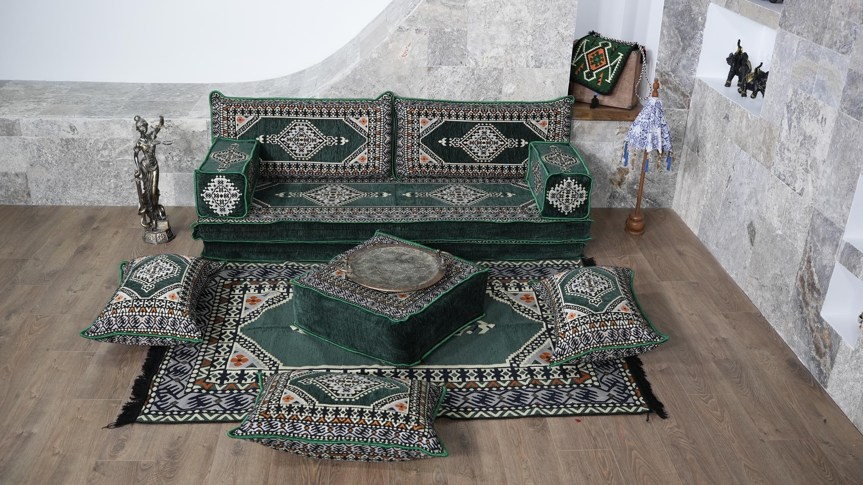 Green Loveseat Sofa Set, Turkish Palace Floor Seating Sectional Modular Couch Set