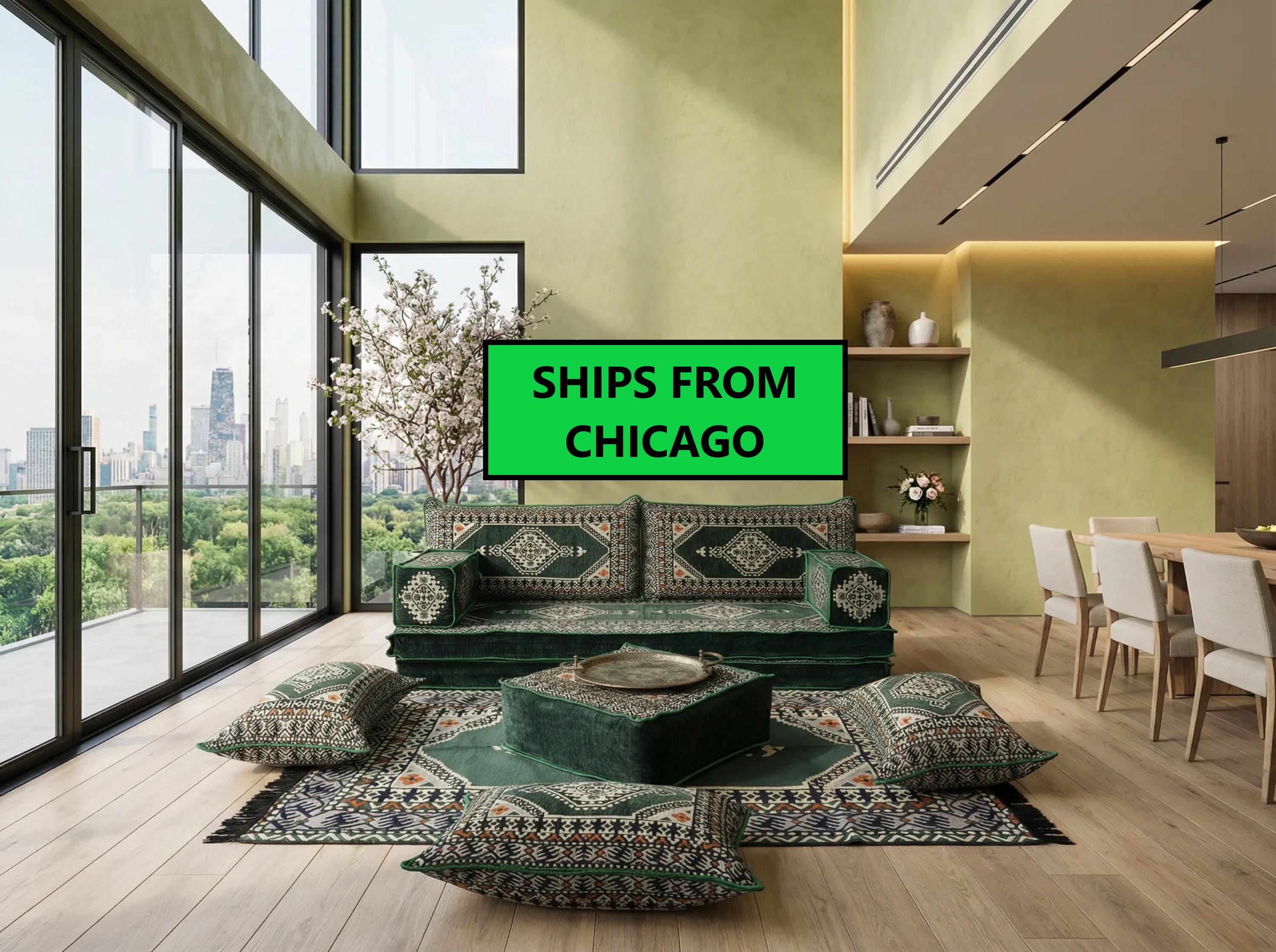 Green Loveseat Sofa Set, Turkish Palace Floor Seating Sectional Modular Couch Set