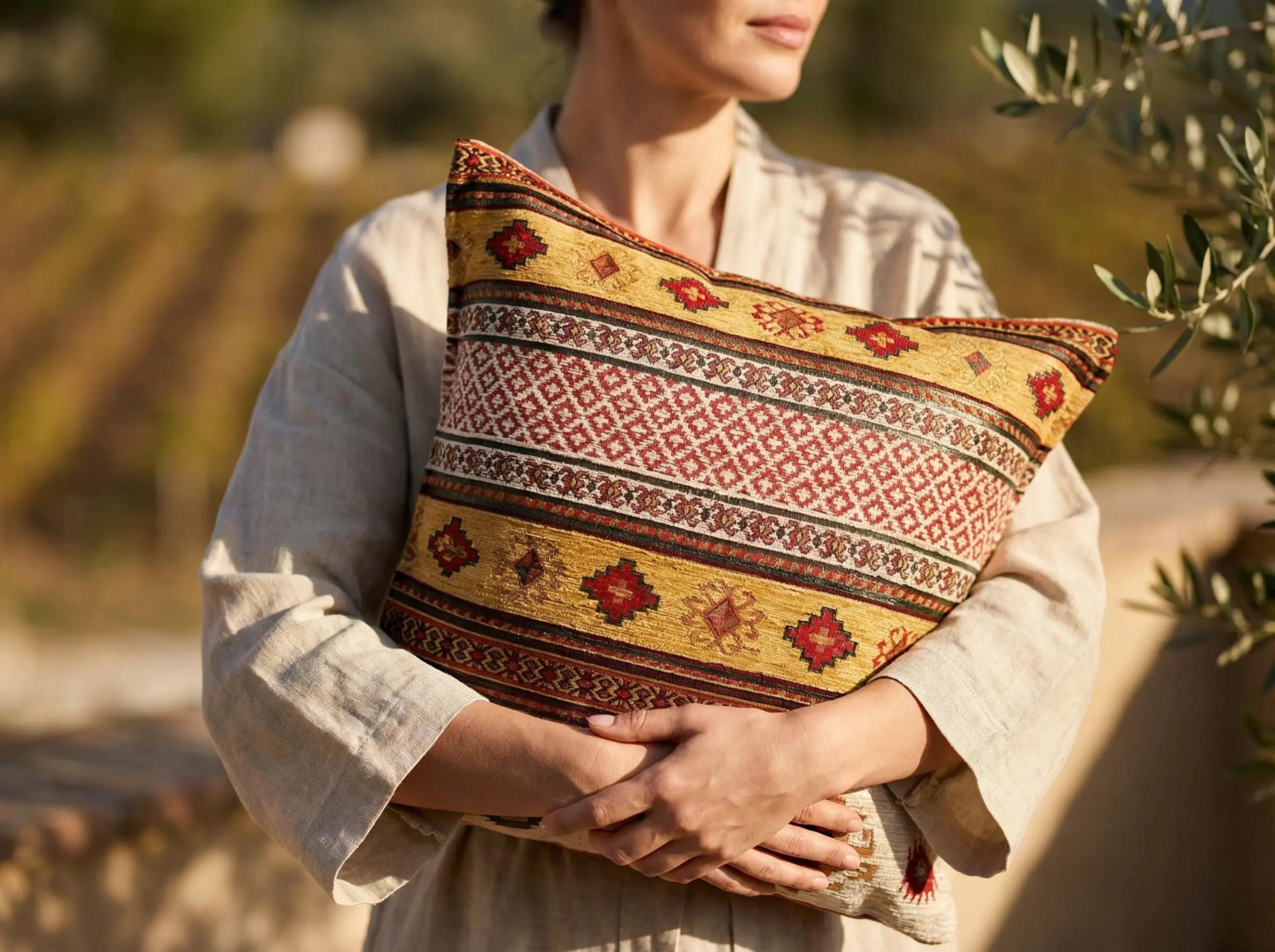 Chenille Kilim Pillow Cover: Boho Geometric Accent Gold Cushion
