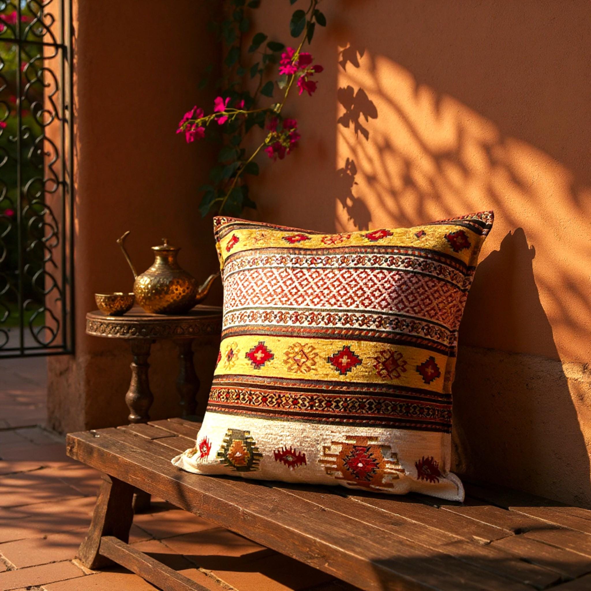 Chenille Kilim Pillow Cover: Boho Geometric Accent Gold Cushion