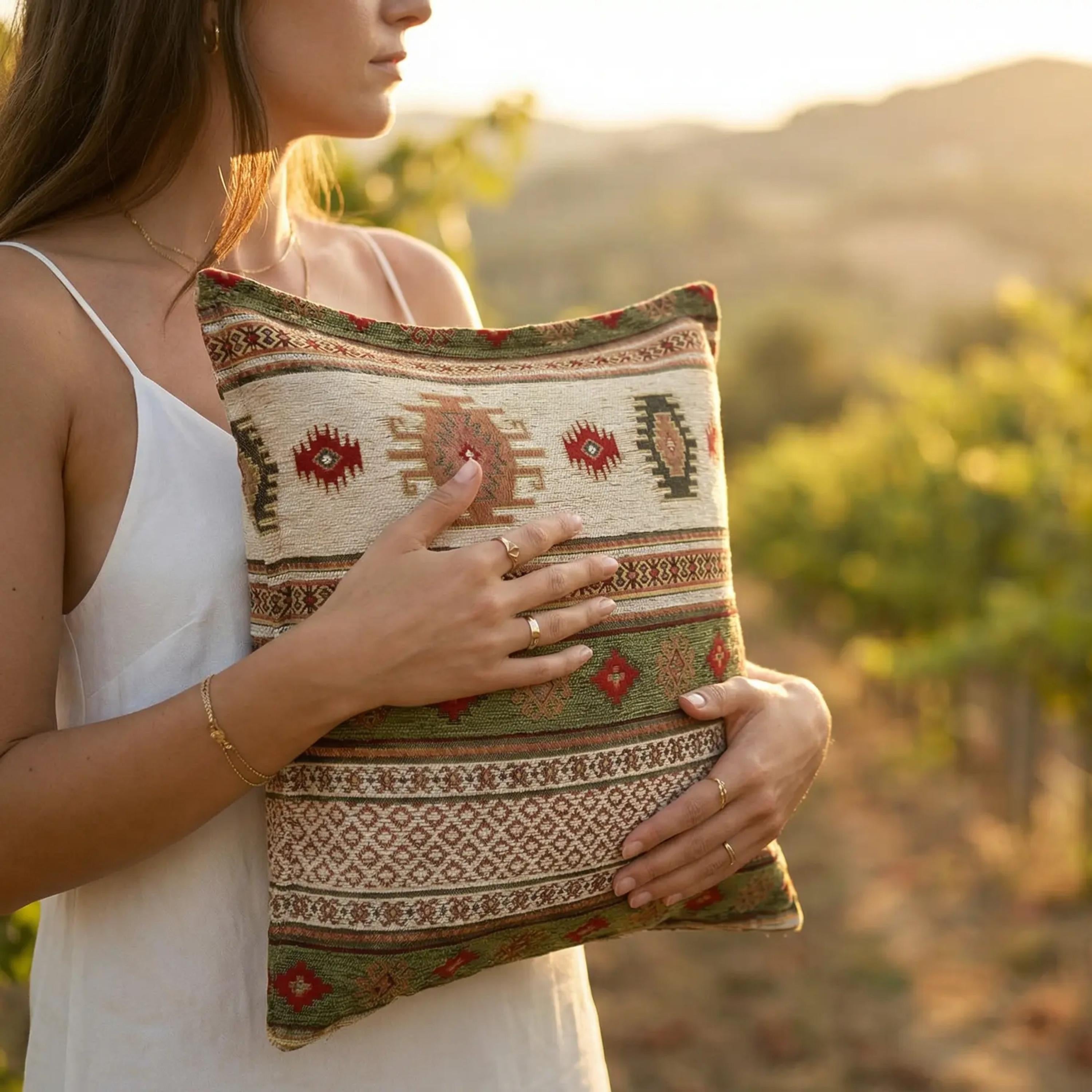 Woven Kilim Pillow Cover: Green Southwestern Boho Cushion (18-20 Inch)