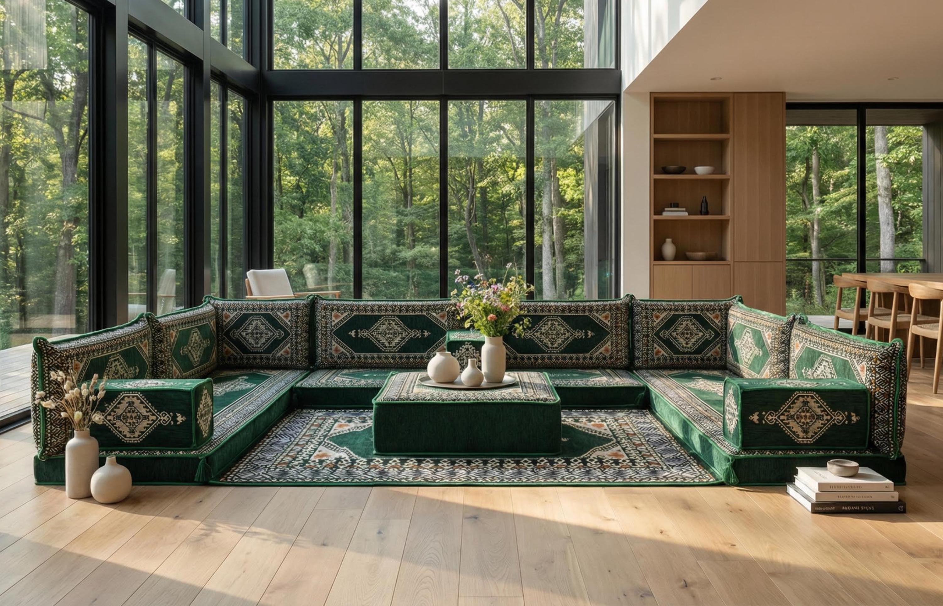 Green U-Shaped Sofa Set, Turkish Palace Floor Seating Sectional Modular Couch Set