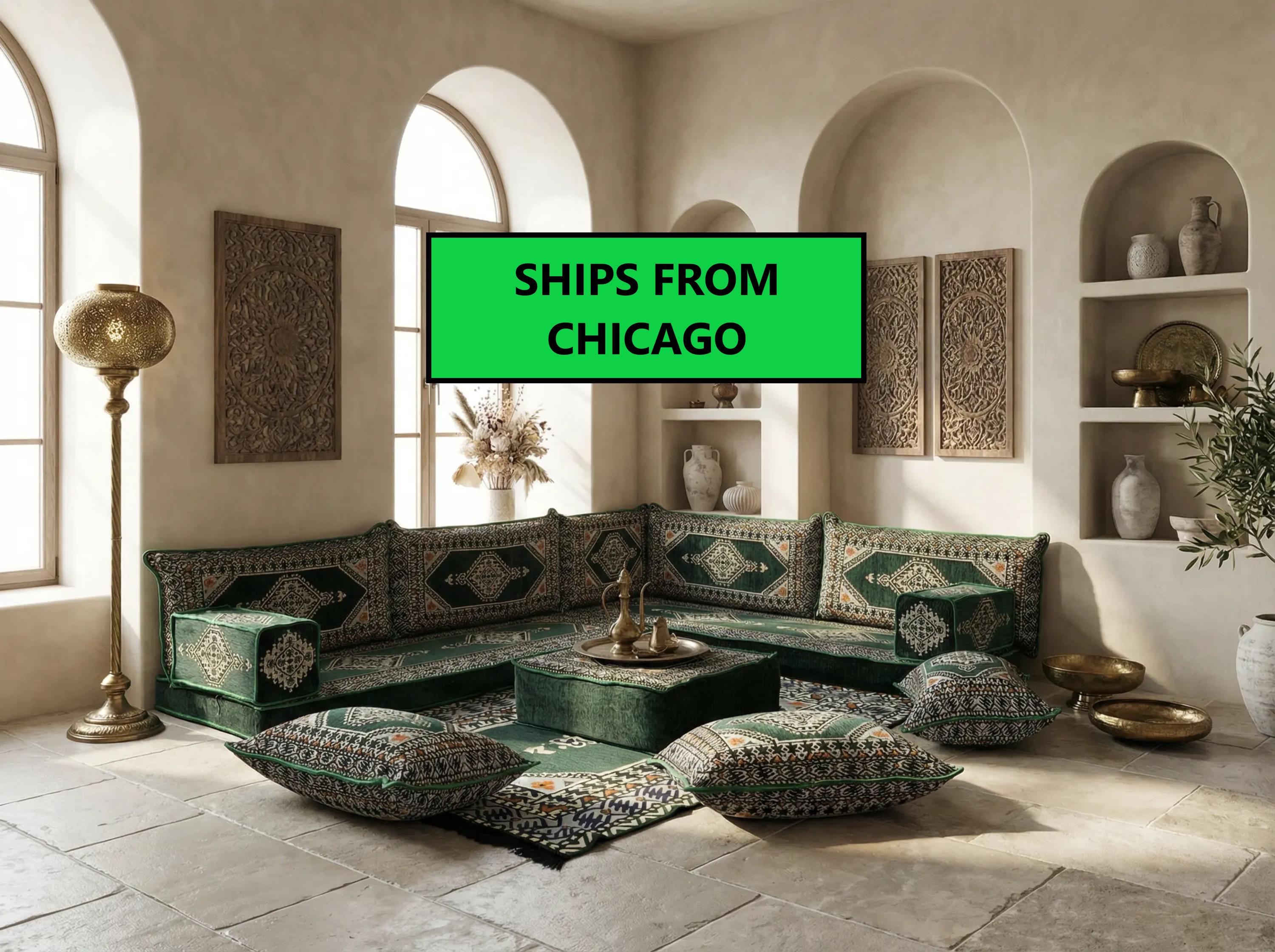 Green L-Shaped Sofa Set, Turkish Palace Floor Seating Sectional Modular Couch Set