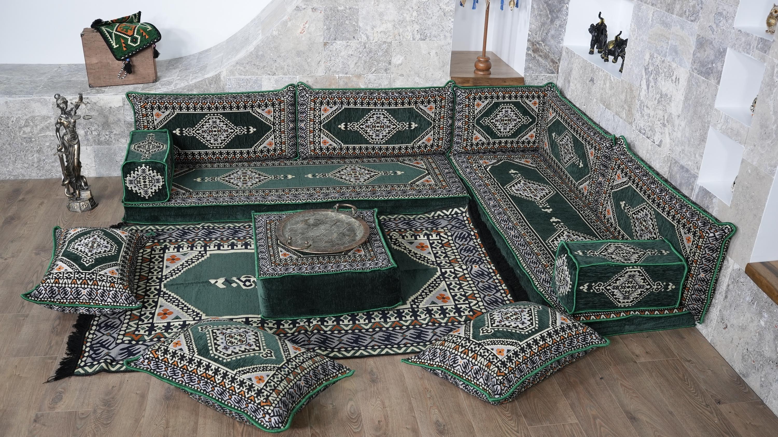 Green L-Shaped Sofa Set, Turkish Palace Floor Seating Sectional Modular Couch Set