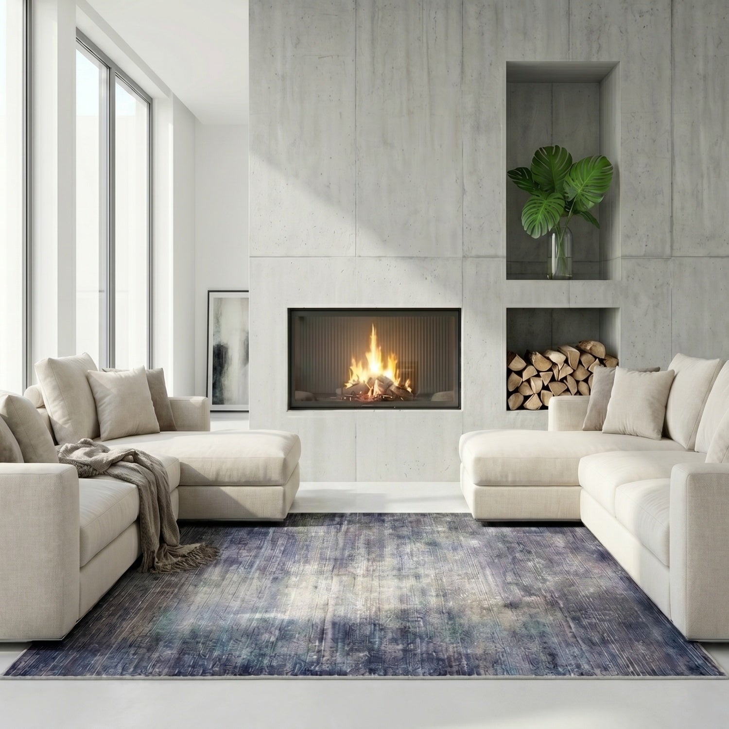 Modern living room with a fireplace, white sofas, and a blue contemporary modern rug in Chicago.