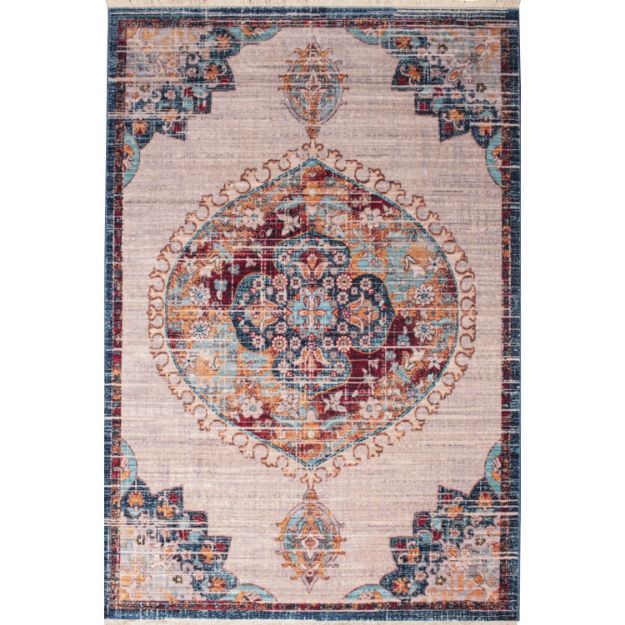 Vintage medallion area rug featuring a traditional multicolor pattern with red, blue, and gold hues, adding warmth and elegance to home decor.