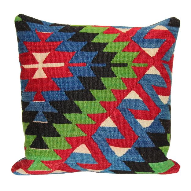 Picture of Decorative Accent Pillow - Vintage Kilim Rug Wool Pillow Case 18x18 - Leather Backing Throw Cushion for Couch Sofa